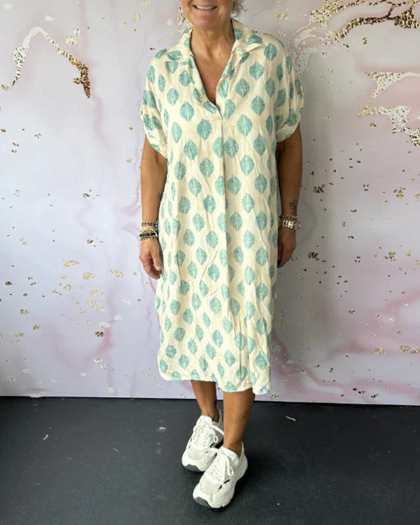 Women's NAN legeres Kaftan-mid dress with shirt collar V-neck short batwing sleeves and side insert pockets Mune Fashion