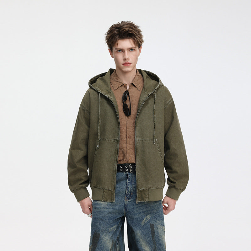 Men's Oversize Hoodie Jacket made of washed canvas with zipper and utility pockets Mune Fashion