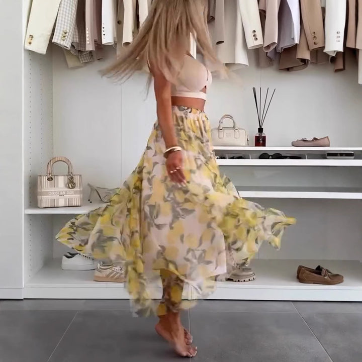 Women's flowing maxi skirt with layered chiffon overlay, elastic waistband and fine floral print Mune Fashion