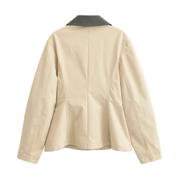 Women's Tailored Light Transitional Jacket with Contrast Collar and Snap Button Placket Mune Fashion