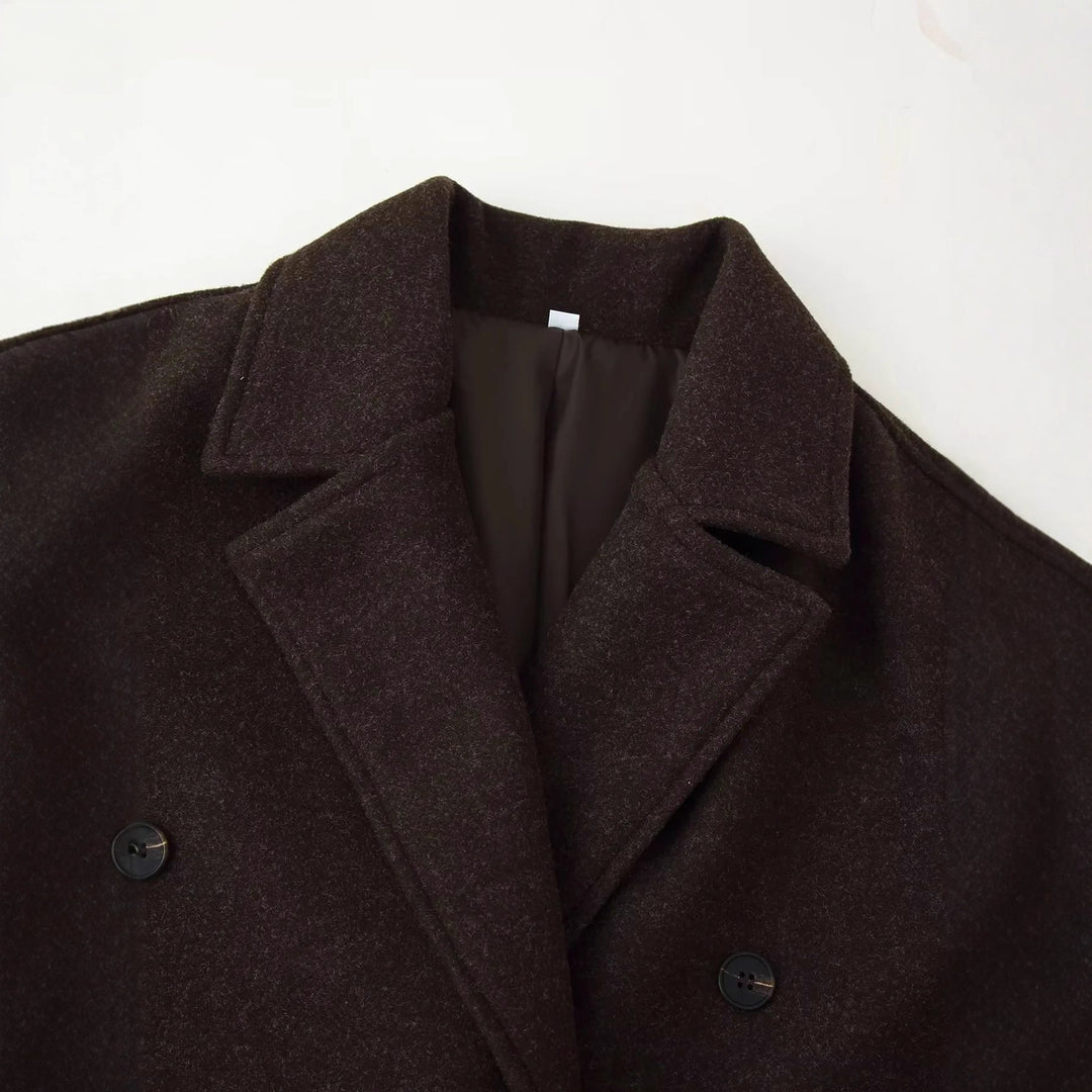 Women nan longer minimalist double-breasted wool blend coat with shawl collar and side patch pockets Mune Fashion