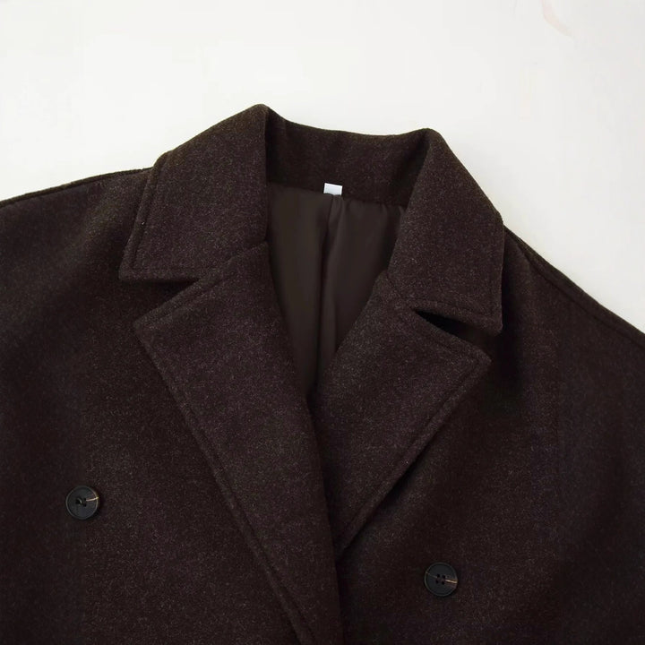 Women nan longer minimalist double-breasted wool blend coat with shawl collar and side patch pockets Mune Fashion