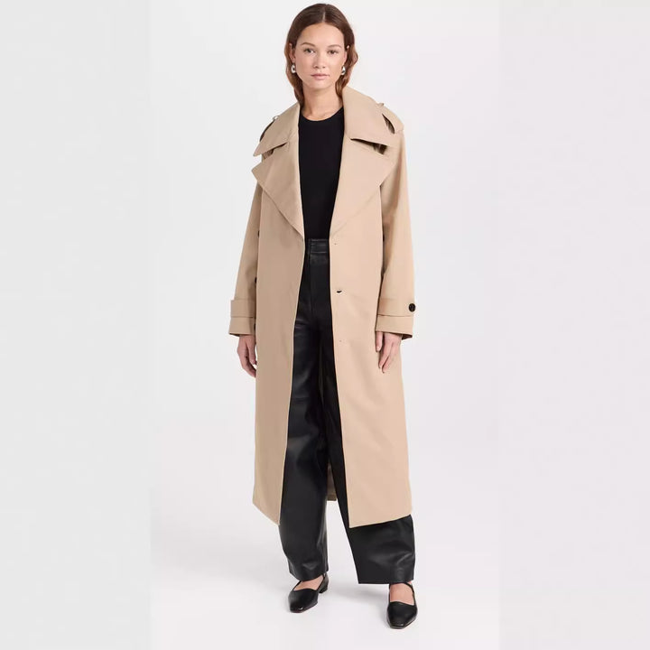 Women's Long Trench Coat made of Cotton Blend with Double-Breasted Button Placket, Waist Belt and Shoulder Flaps Mune Fashion