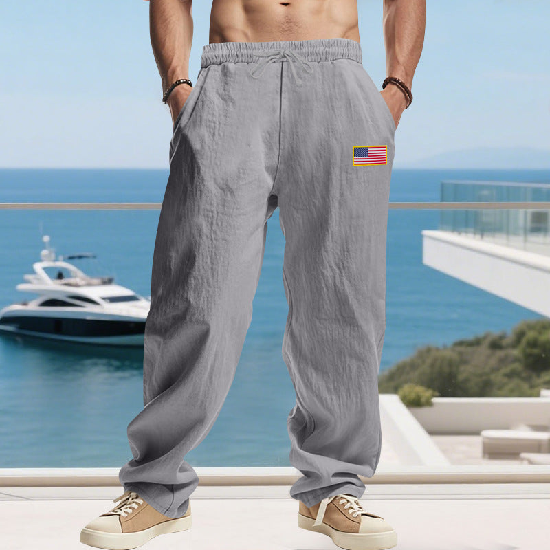 Men's Maritime Relaxed-Fit Linen-Look Casual Pants with Drawstring & Flag Patch Mune Fashion