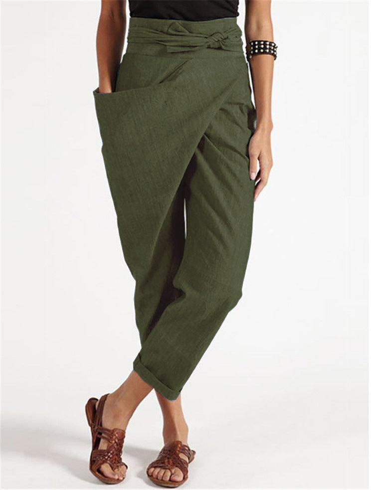 Women's wrap pants made of linen blend with high waistband, overlapping front and generous side pocket Mune Fashion