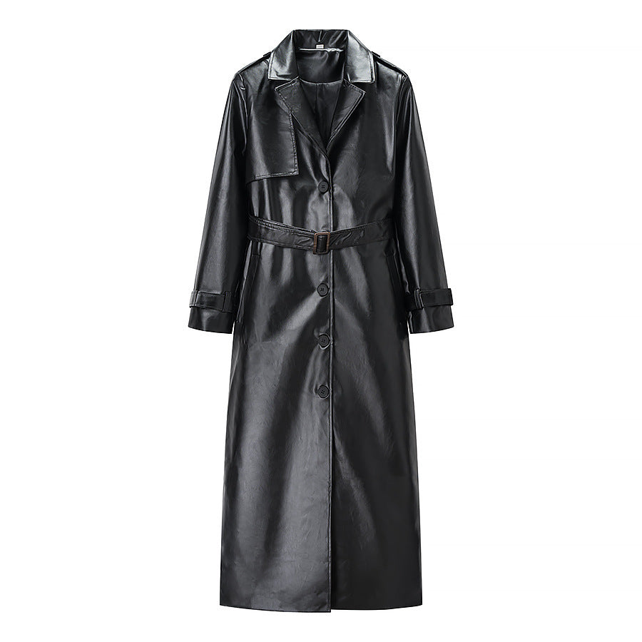 Women Longer Faux Leather Trench Coat with Waist Belt and Epaulettes Mune Fashion