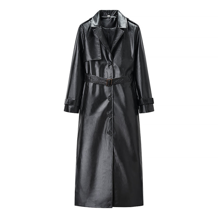 Women Longer Faux Leather Trench Coat with Waist Belt and Epaulettes Mune Fashion