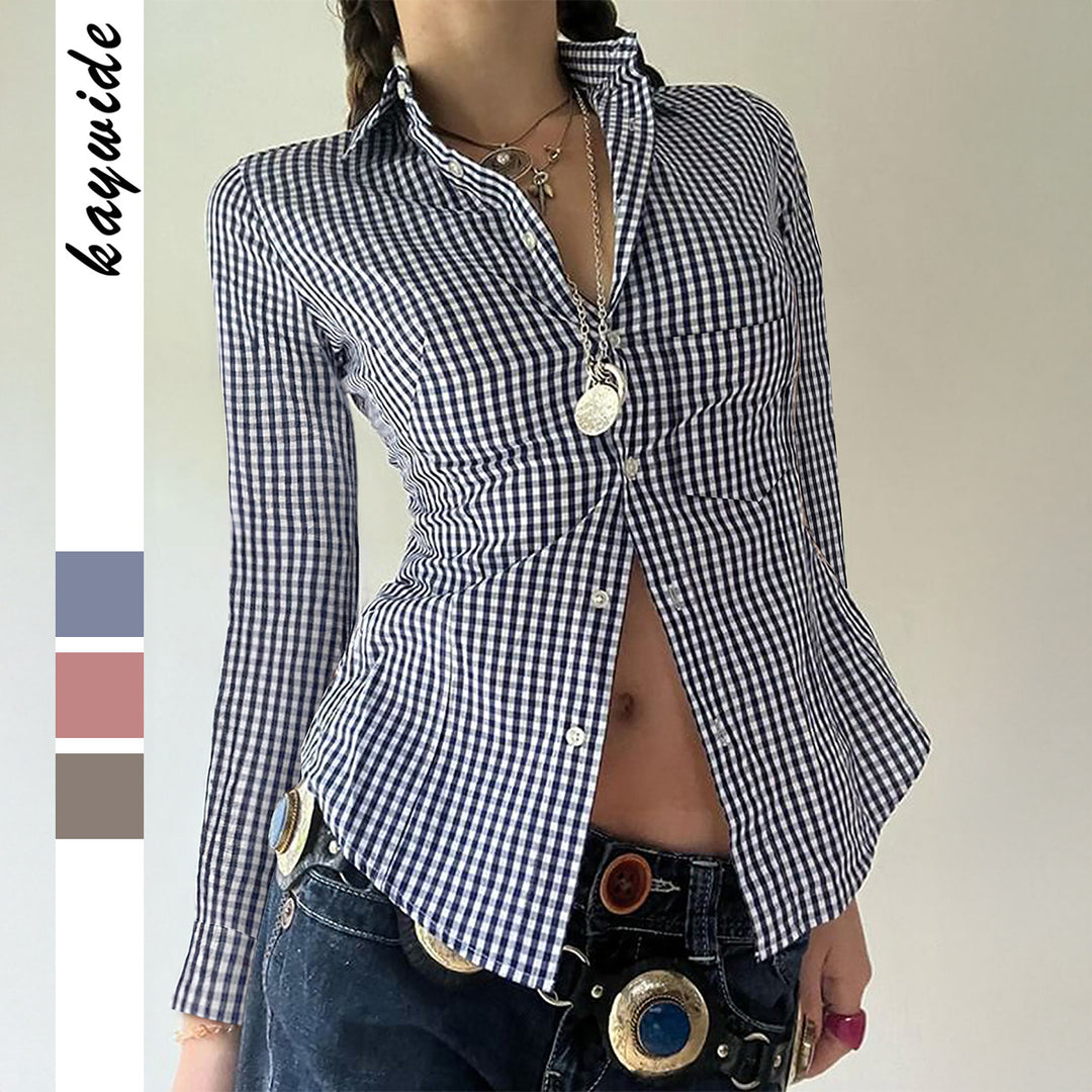 Women's tailored check blouse with collar, continuous button placket and curved hem Mune Fashion