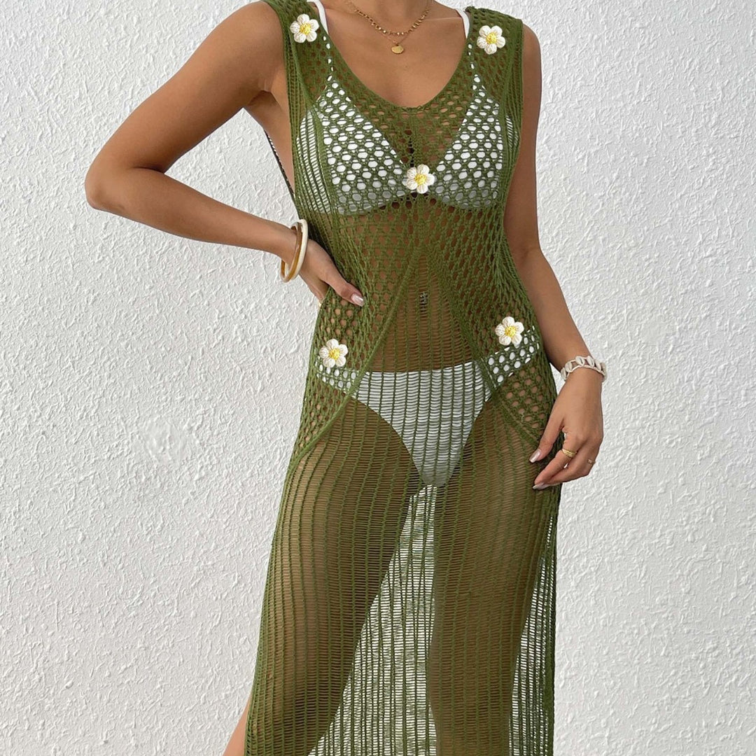 Women's airy crochet beach cover-up with floral accents Mune Fashion