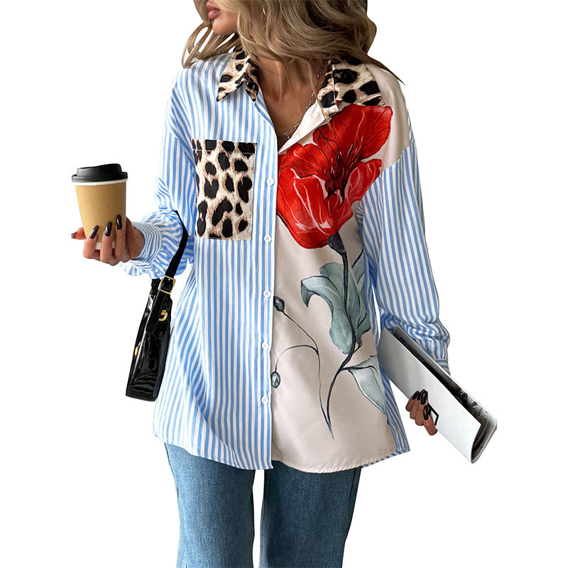 Women's Oversize Shirt Blouse with Striped Patchwork, Leopard Applique and Floral Print Mune Fashion