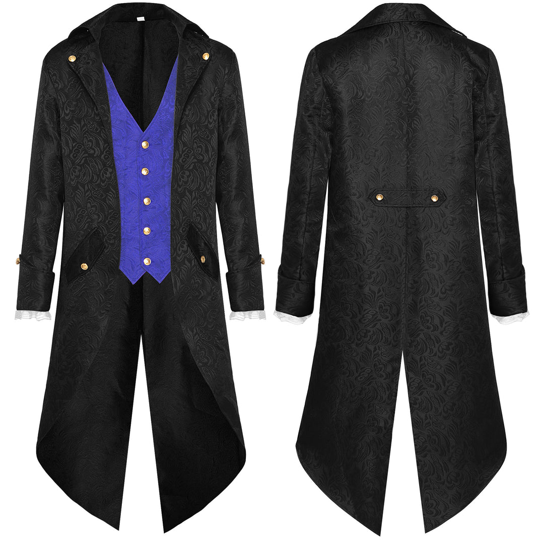 Men's nano baroque velvet tailcoat with gold-embroidered back appliqué and decorative brocade trim.
