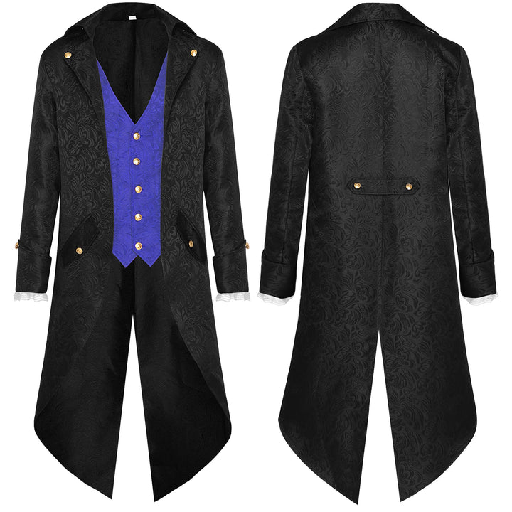 Men's nano baroque velvet tailcoat with gold-embroidered back appliqué and decorative brocade trim.