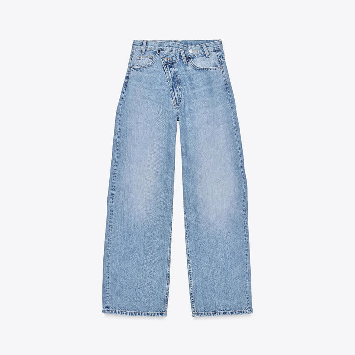 Women's high-waisted wide denim jeans with asymmetric waistband and culotte cut Mune Fashion