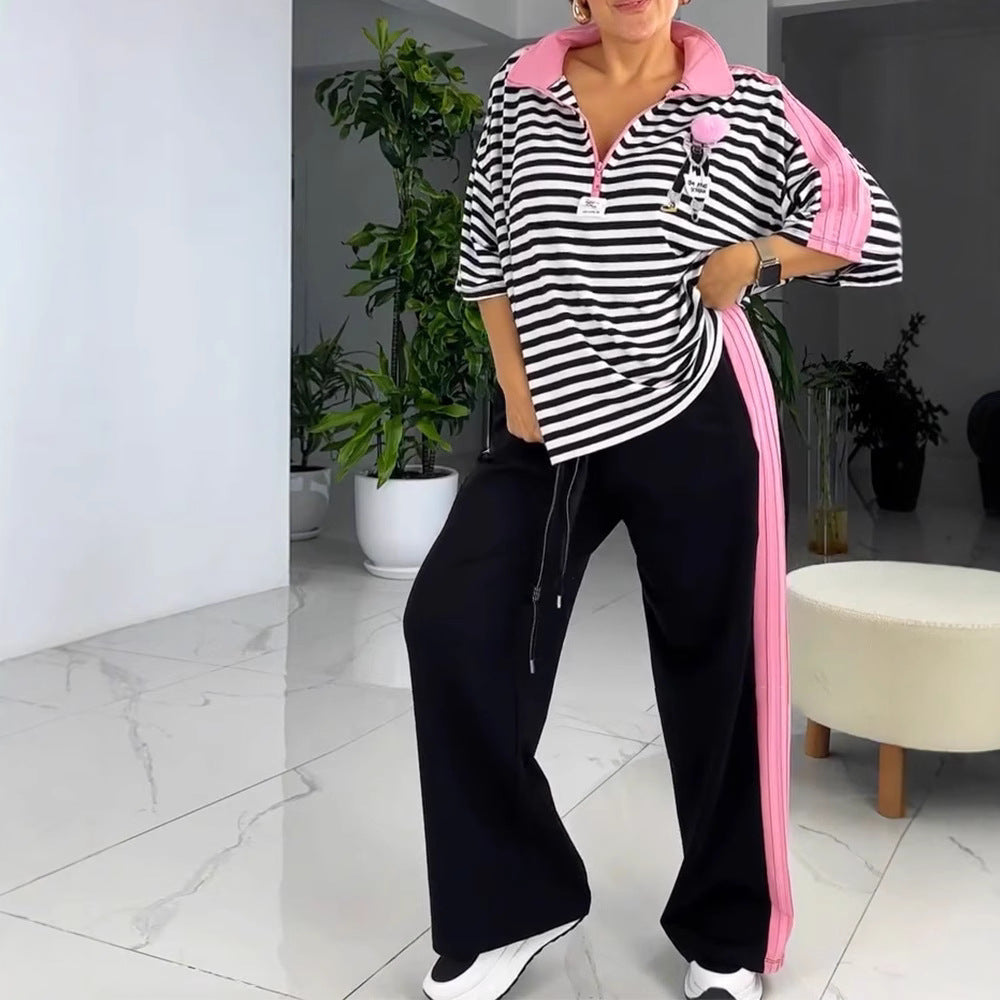 Women's casual two-piece polo lounge set with oversized stripes, pompom application, and contrasting side panels Mune Fashion