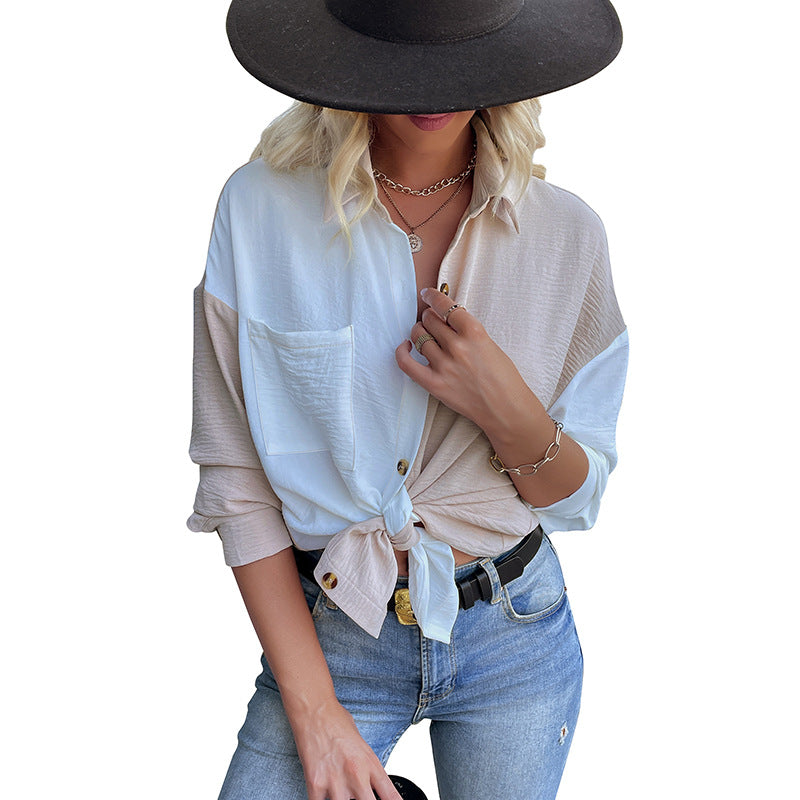 Women's oversized shirt blouse with color blocking, chest pocket, and textured viscose blend Mune Fashion