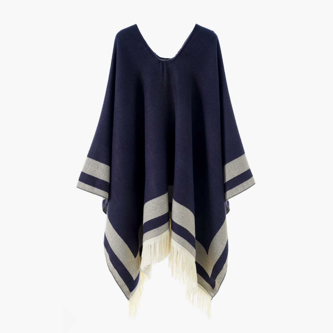 Women Oversize Poncho-Cape with V-neck and Fringe Hem Mune Fashion
