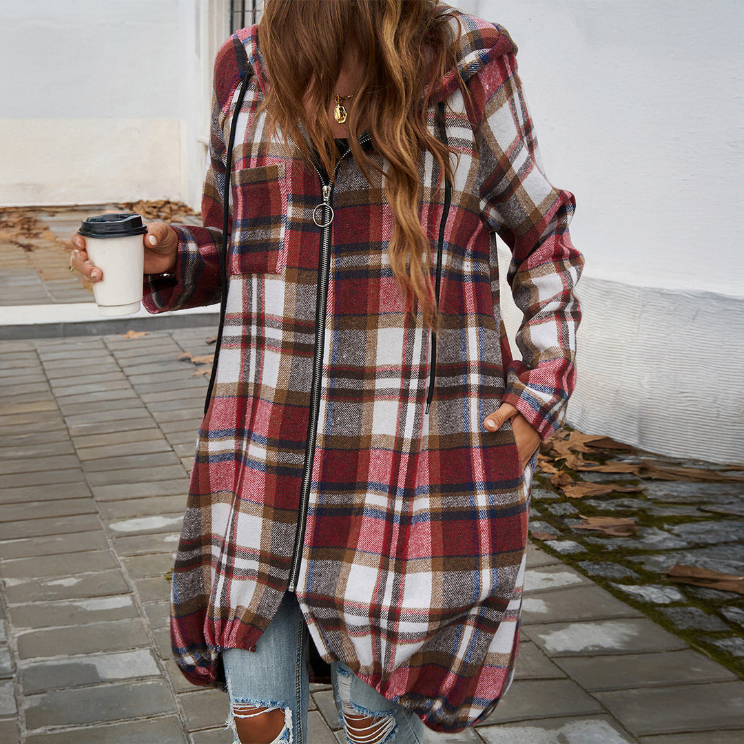 Women's longer hooded coat in check pattern with zipper and balloon-shaped hem Mune Fashion