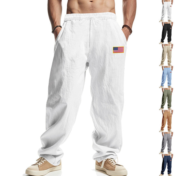 Men's casual cotton-linen lounge pants with elastic waistband, drawstring, and discreet flag application Mune Fashion