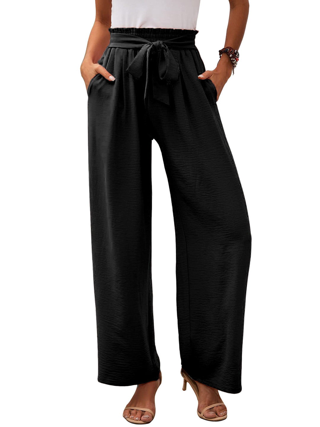 Women's paperbag pants with wide leg, elastic waist and tie belt Mune Fashion