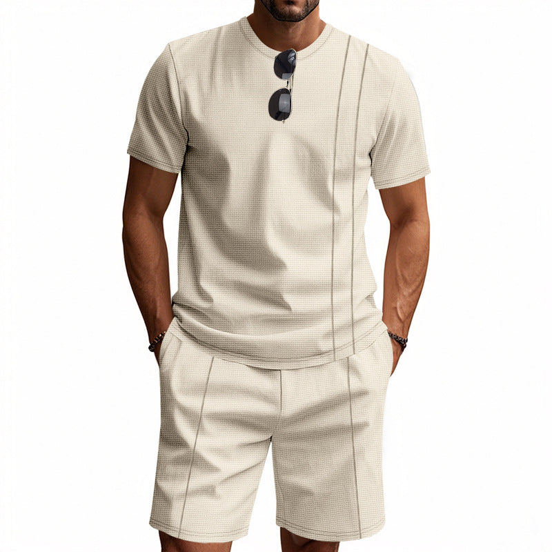 Men's urban waffle jersey ensemble with contrasting decorative seams and loose Bermuda fit Mune Fashion