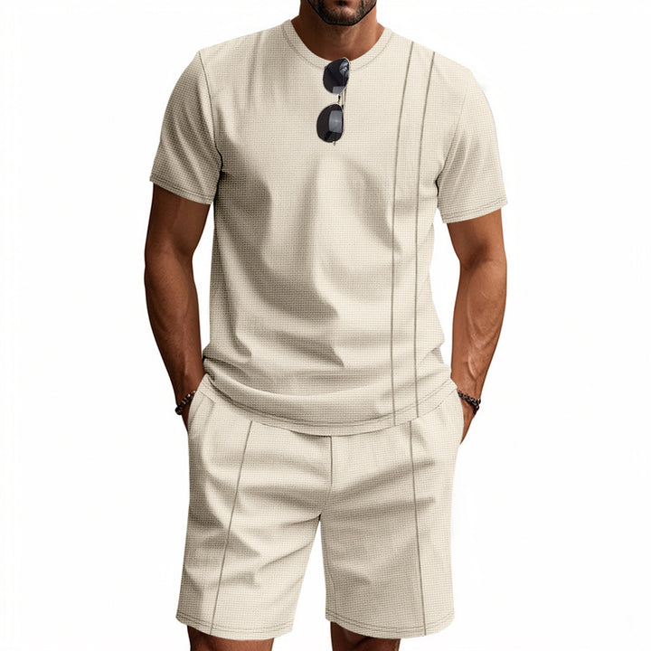 Men's urban waffle jersey ensemble with contrasting decorative seams and loose Bermuda fit Mune Fashion