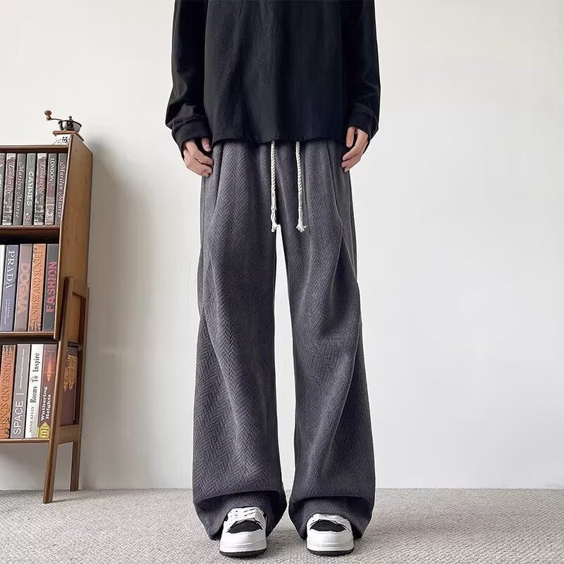 Men's Relaxed Lounge Pants with Drawstring and Herringbone Texture Mune Fashion