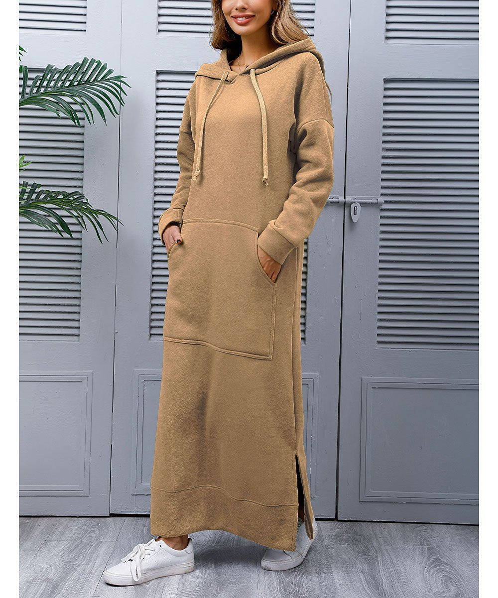 Women's long hooded sweat dress with kangaroo pocket, side slits and loose oversized fit Mune Fashion