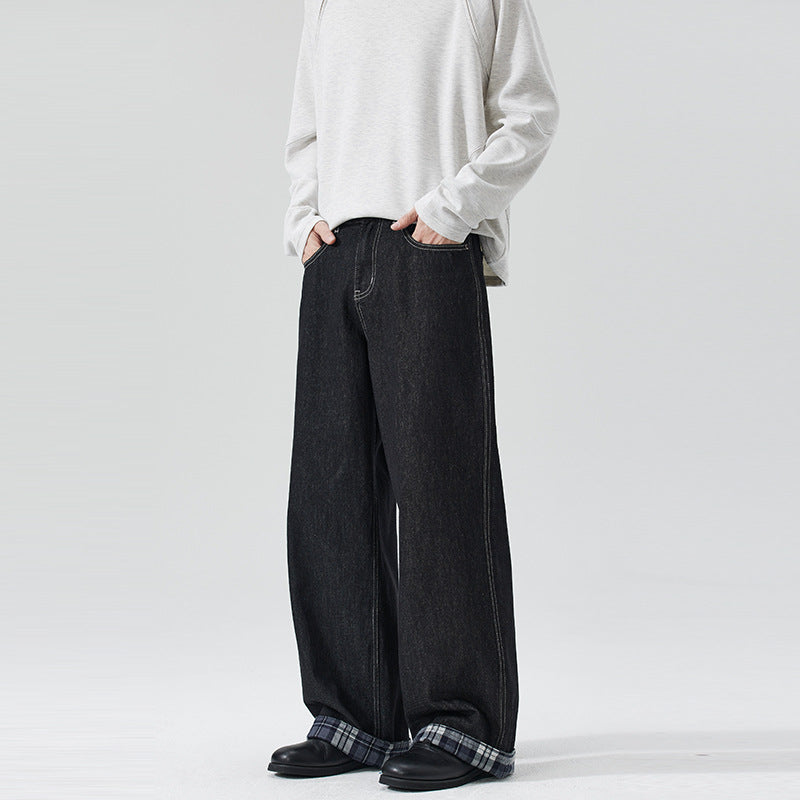 Men's Extra Wide Denim Palazzo Jeans with Cuffed Plaid Cuff and Visible Seam Mune Fashion
