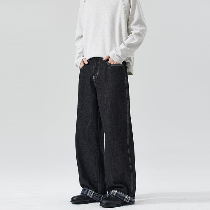 Men's Extra Wide Denim Palazzo Jeans with Cuffed Plaid Cuff and Visible Seam Mune Fashion