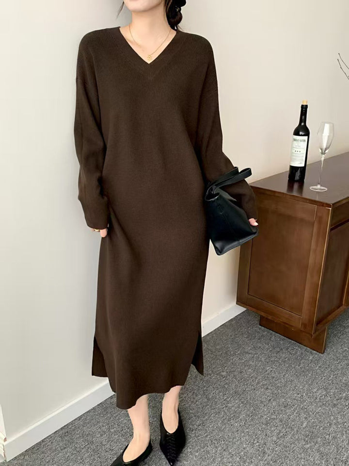 Women Long Fine Knit Midi Dress with V-Neck, Side Slit, and Relaxed Silhouette Mune Fashion