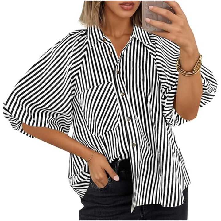 Women Oversize Shirt with Balloon Sleeves and Striped Pattern Mune Fashion