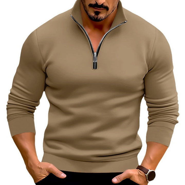 Men's fitted fine knit pullover with short zipper and stand-up collar Mune Fashion