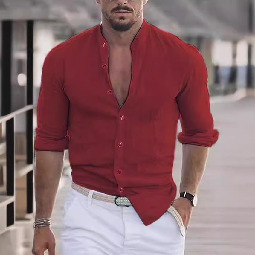 Men's Casual Linen Shirt with Modern Stand-Up Collar and Roll-Up Sleeves Mune Fashion