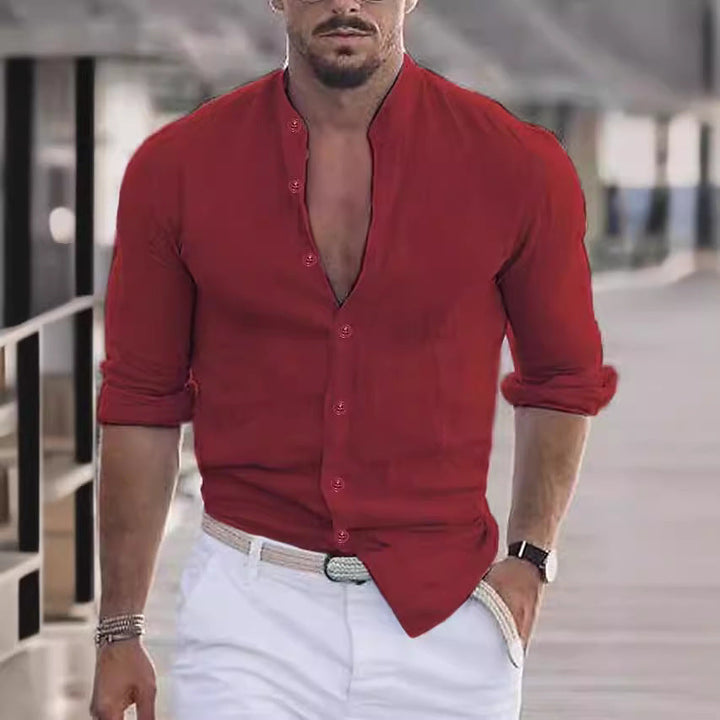 Men's Casual Linen Shirt with Modern Stand-Up Collar and Roll-Up Sleeves Mune Fashion