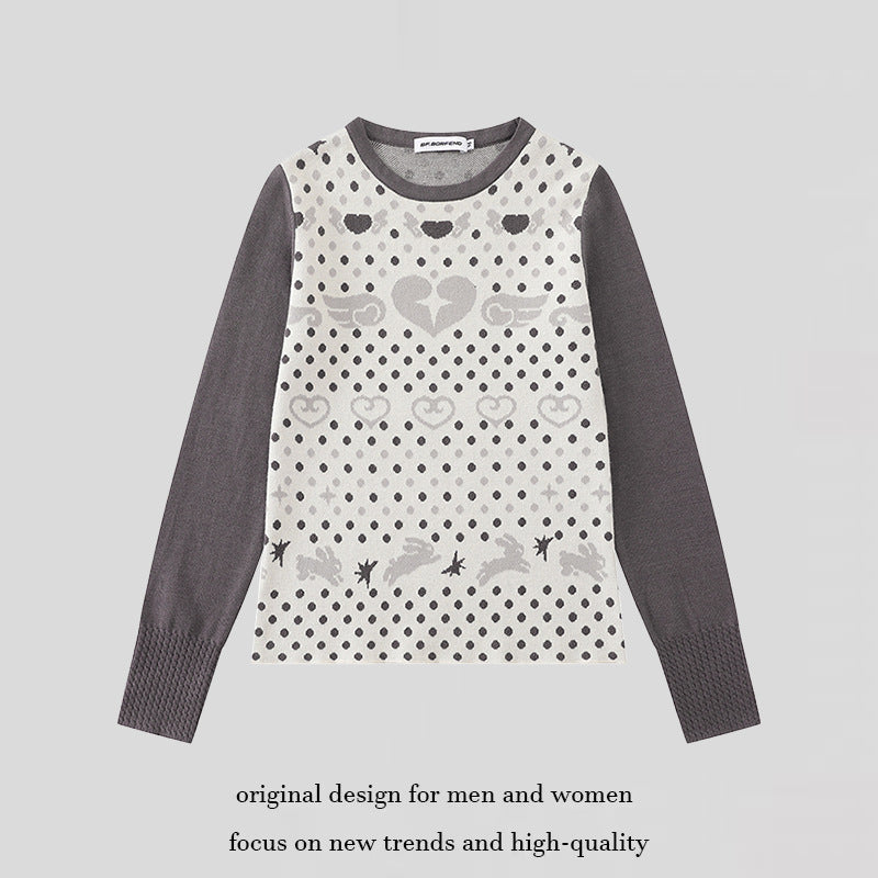 Ladies fine knit pullover with jacquard motif, round neckline and contrast sleeves Mune Fashion