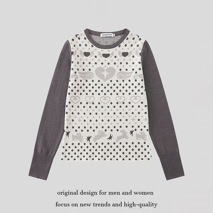 Ladies fine knit pullover with jacquard motif, round neckline and contrast sleeves Mune Fashion