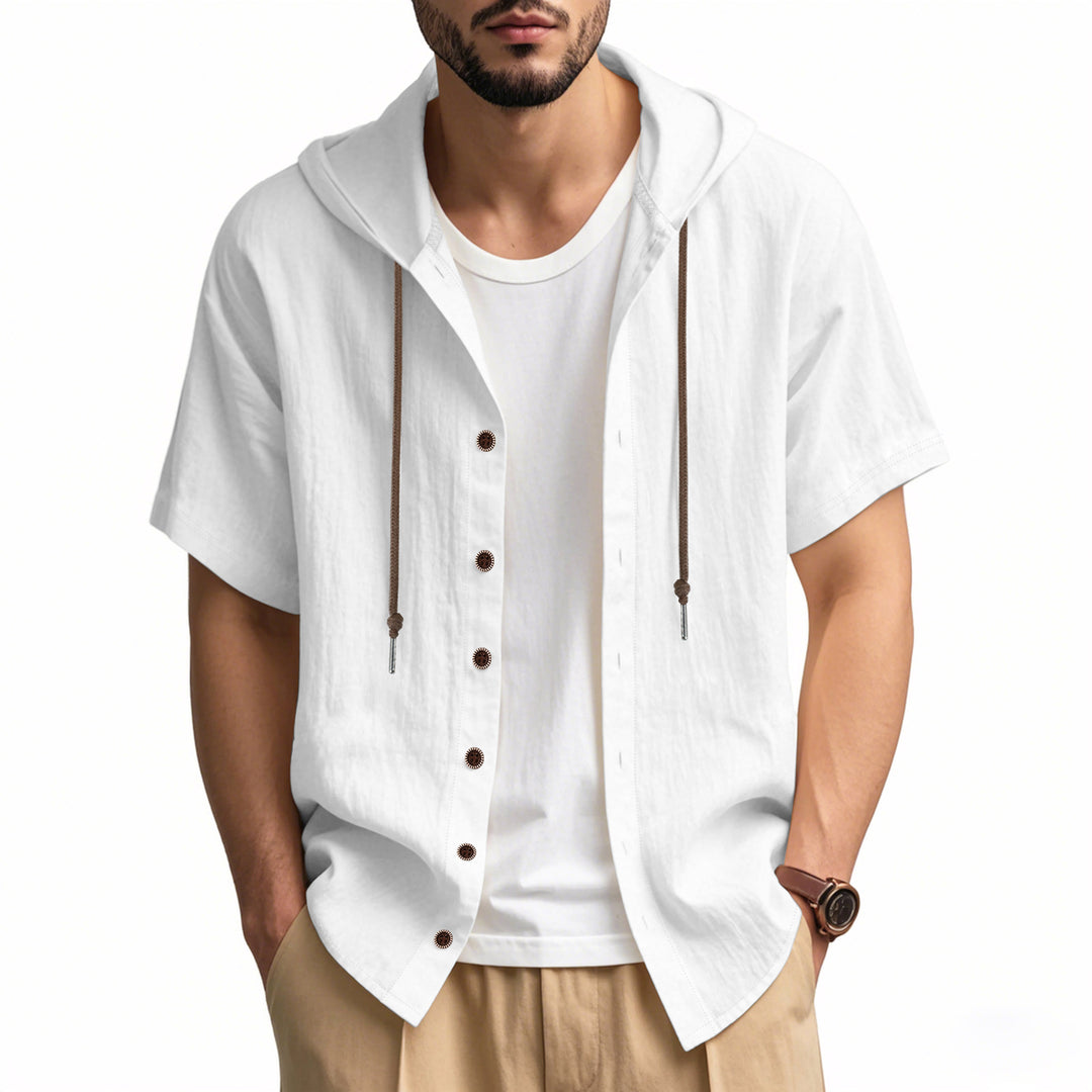 Men's breathable short sleeve hoodie made of linen blend with wooden button placket and drawstring Mune Fashion