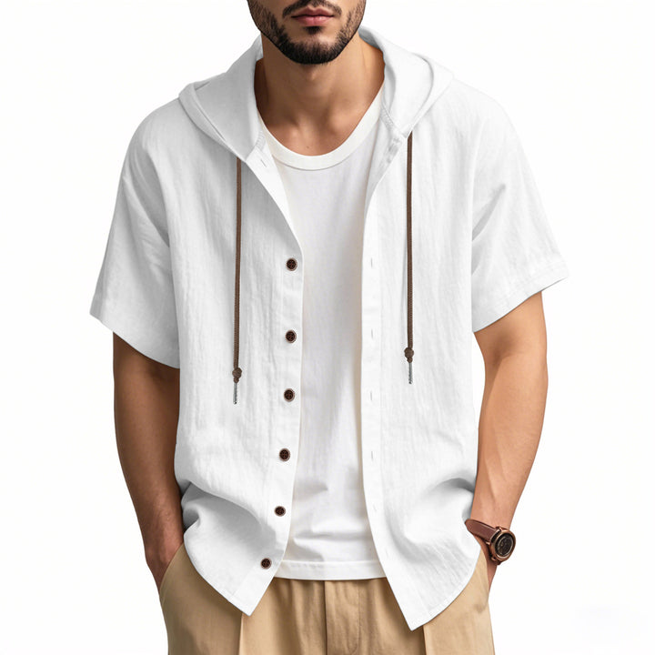 Men's breathable short sleeve hoodie made of linen blend with wooden button placket and drawstring Mune Fashion