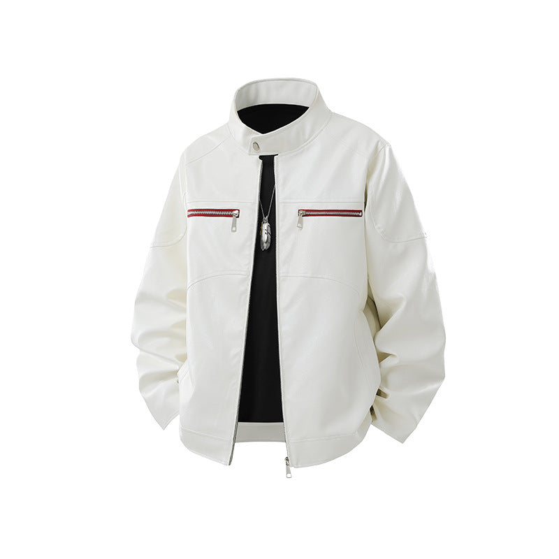 Herren Kunstleder-Bomberjacke mit Stehkragen, Zwei-Wege-Reißverschluss und Brustreißverschlusstaschen Mune Fashion