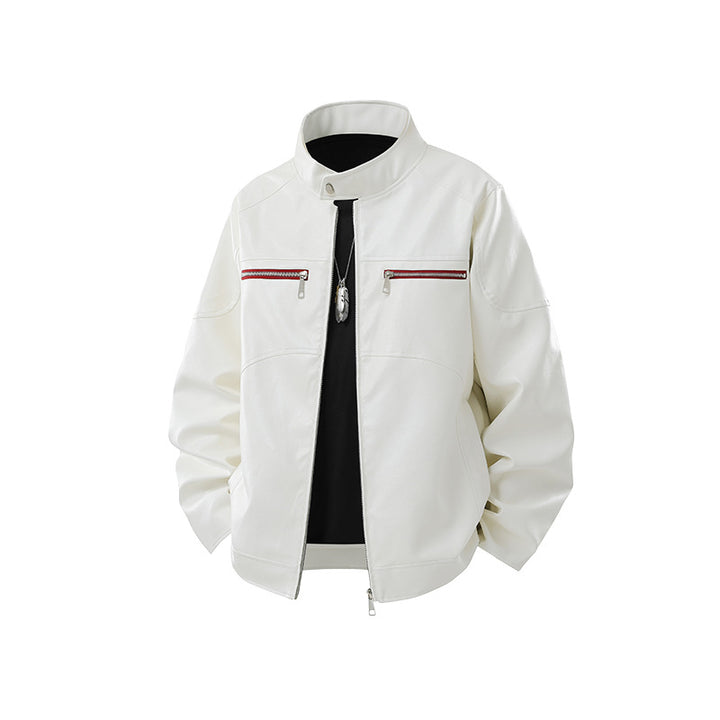 Herren Kunstleder-Bomberjacke mit Stehkragen, Zwei-Wege-Reißverschluss und Brustreißverschlusstaschen Mune Fashion