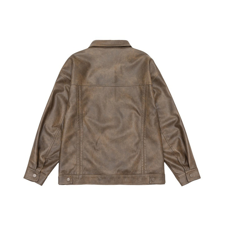 Men's loosely cut overshirt in vintage leather look with snap button front and breast flap Mune Fashion