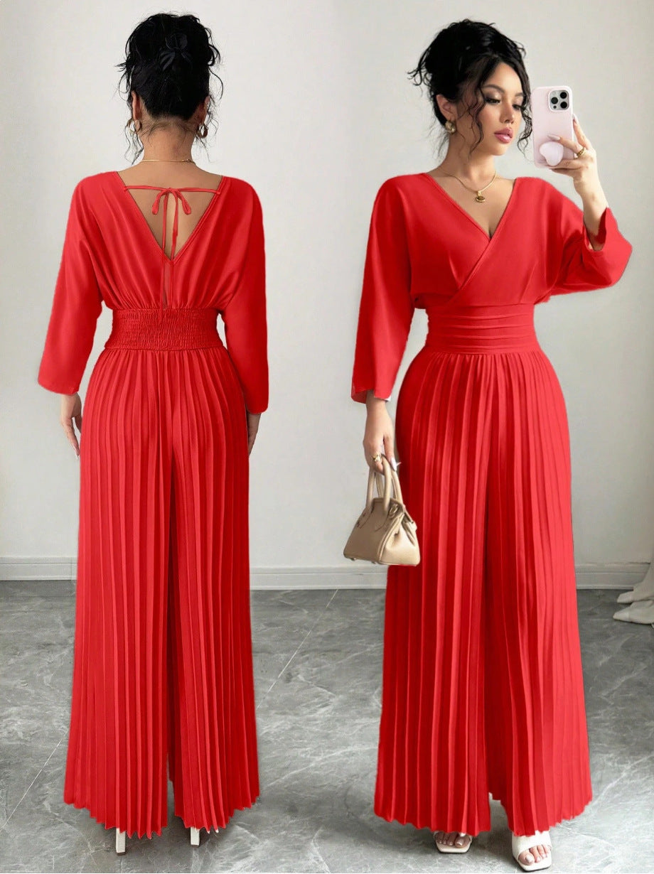 Women Elegant Pleated Jumpsuit with V-Neck Mune Fashion