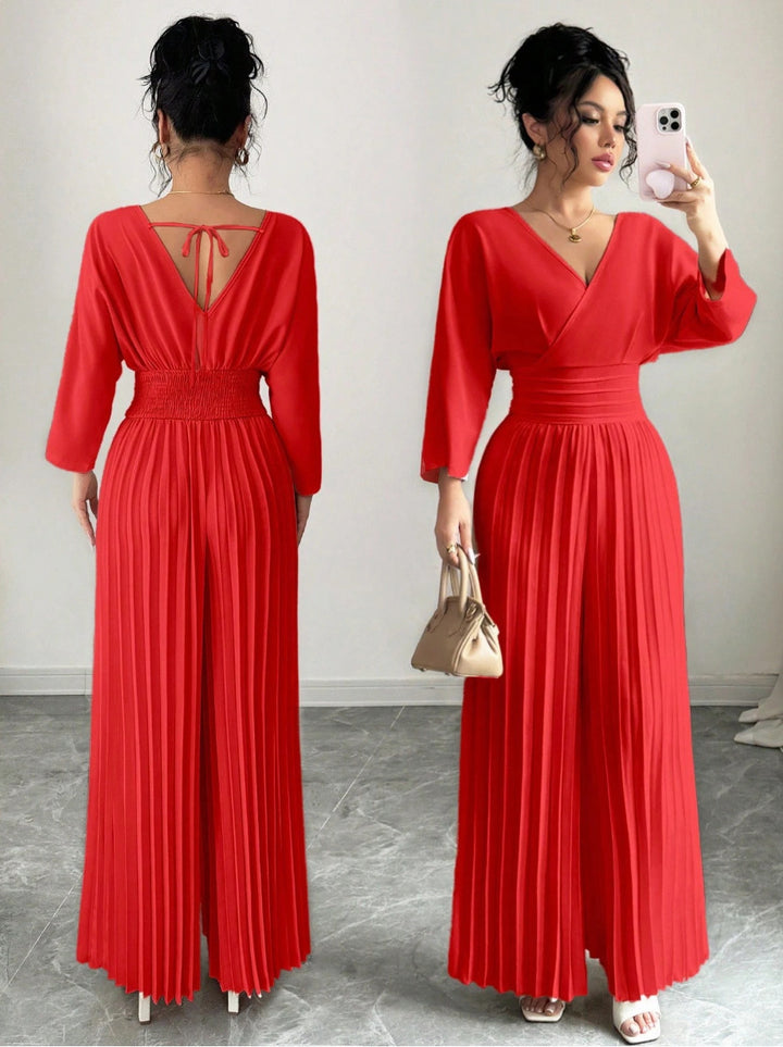 Women Elegant Pleated Jumpsuit with V-Neck Mune Fashion