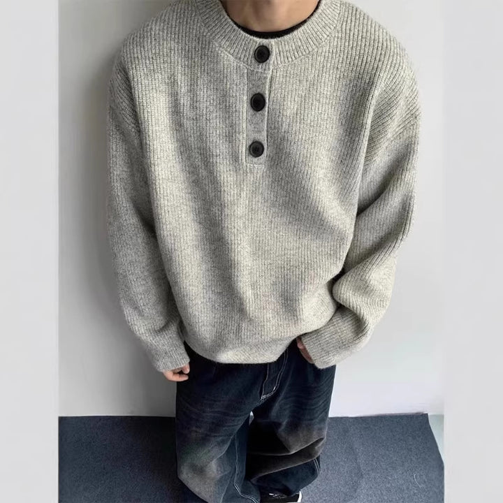 Men's Oversized Knit Sweater with Three-Button Henley Yoke Mune Fashion