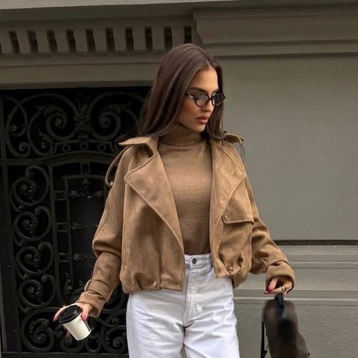 Women's Short Suede Leather Bomber Jacket with Voluminous Lapels, Epaulettes, and Fitted Elastic Hem Mune Fashion