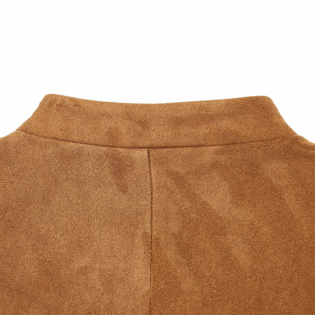 Women Short Jacket in Suede Look in Military Style with Stand-Up Collar and Asymmetrical Hem Mune Fashion