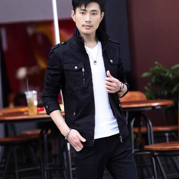Men's Lightweight Canvas Field Jacket with Zipper and Shoulder Flaps Mune Fashion