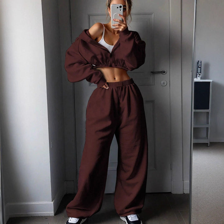 Ladies nan short zip hoodie cropped sweatshirt with drawstring, attached balloon sleeves and elastic hem Mune Fashion