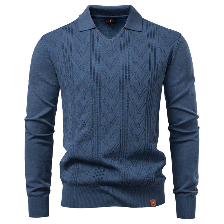 Men's fine knit polo sweater with V-neck, zigzag pattern and Kent collar Mune Fashion