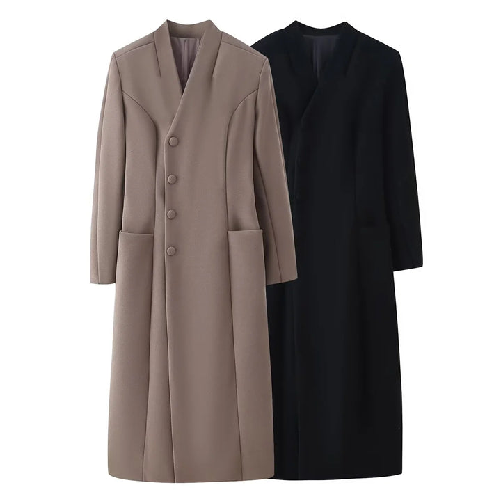Women's nano minimalist long coat with narrow shawl collar and patch pockets Mune Fashion